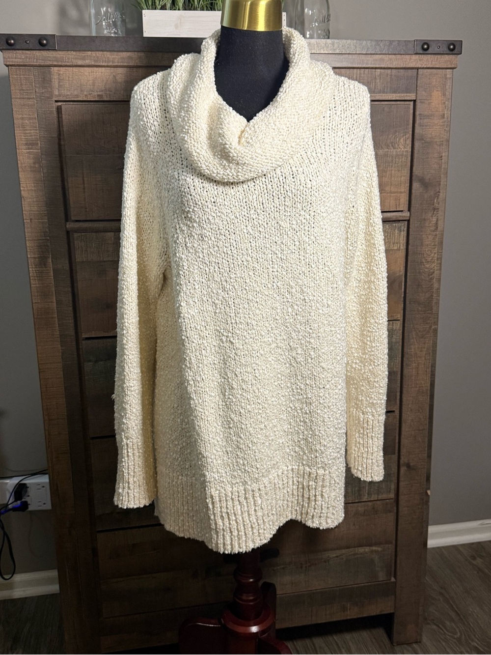J. Jill Cowl Neck Tunic Sweater XL Ivory Chunky Knit Long Sleeve Cozy